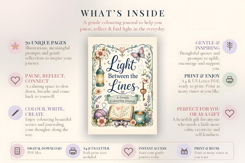 Mindfulness Coloring Journal, 70 Page Self Care Book, Gentle Prompts (Digital Download)