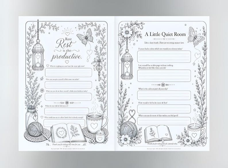 Mindfulness Coloring Journal, 70 Page Self Care Book, Gentle Prompts (Digital Download)