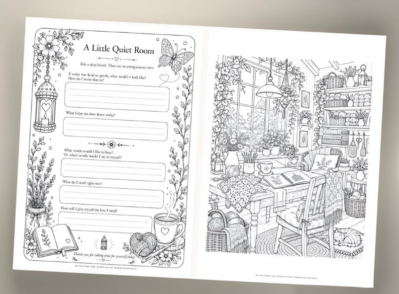 Mindfulness Coloring Journal, 70 Page Self Care Book, Gentle Prompts (Digital Download)