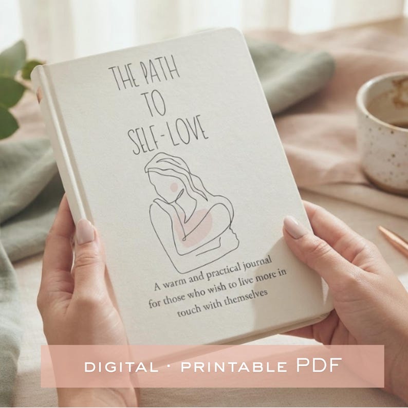 A journal titled The Path to Self-Love with a black line art illustration of a person hugging themselves. The cover includes the text A warm and practical journal for those who wish to live more in touch with themselves and Digital Printable PDF.