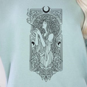 Art Nouveau Goddess Shirt | Comfort colors celestial woman graphic tee, Mystical boho tshirt for women, Witchy bohemian fall apparel moon