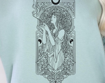 Shirt art nouveau-godin | Comfortkleuren hemelse vrouw graphic T-shirt, mystieke boho-t-shirt voor vrouwen, Witchy boho herfstkleding maan