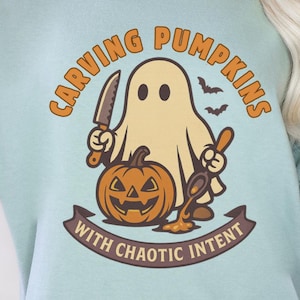 Carving Pumpkins With Chaotic Intent ghost Shirt | Comfort Colors jackolantern carving graphic tee, chaos humor top, Unisex Relaxed Fit