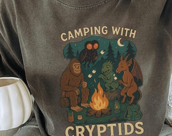 Camping With Cryptids Campfire Shirt | Comfort Colors paranormal forest graphic tee, bigfoot mothman jersey devil top, Unisex Relaxed Fit