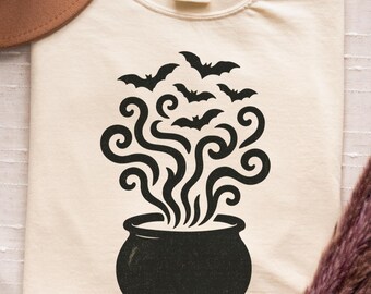 Bats and Cauldron Shirt | Comfort Colors Witchy Halloween Tee, Spooky Gothic Graphic Top, Unisex Relaxed Fit