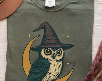 Camiseta familiar de búho iluminado por la luna / Camiseta de búho bruja de luna creciente con colores cómodos, camiseta con gráfico de animal familiar, corte holgado unisex