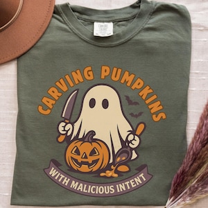 Carving Pumpkins With Malicious Intent ghost Shirt | Comfort Colors jackolantern graphic tee, spooky mischief humor top, Unisex Relaxed Fit