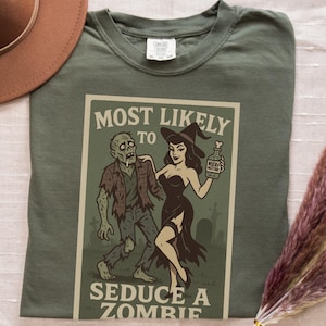 Rolig zombie-Halloween-tröja | Komfortfärger som mest sannolikt förför en zombie, sarkastisk, läskig grafisk t-shirt, unisex topp med avslappnad passform