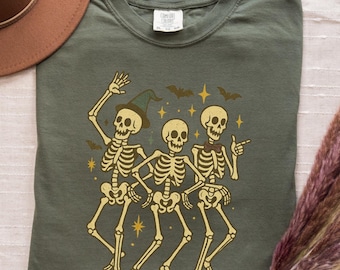 Shirt skeletdansfeestje | Comfortkleuren vintage gotisch halloween-T-shirt, griezelig skelet graphic top, uniseks relaxte pasvorm, donkere humor