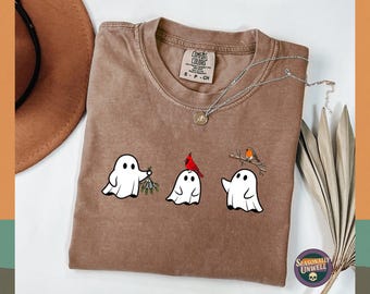 T-shirt Oiseau Fantôme Halloween | T-shirt fantaisie et ludique aux couleurs confortables, adorable t-shirt simple pour femme, charmant haut kawaii minimaliste et mignon