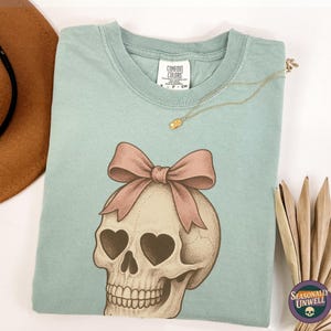 Coquette Skull Shirt | Comfort Colors Flirty Gothic Tee, Heart Eyes Skeleton Head Graphic, Cute Dark Aesthetic, Unisex Relaxed Fit