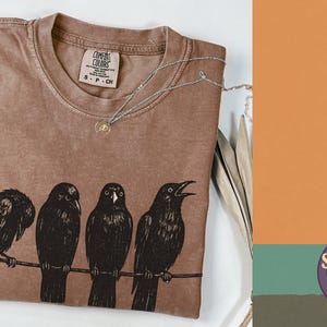 Shirt grappige kraai Halloween | Comfortkleuren Murder In Progress, Spooky Bird-afbeelding, vintage gothic T-shirt, uniseks relaxte pasvorm Espresso