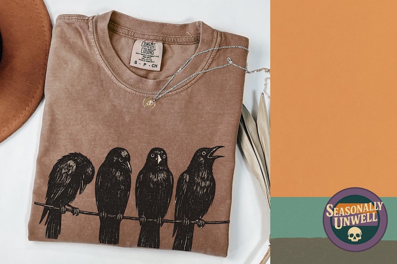 Shirt grappige kraai Halloween | Comfortkleuren Murder In Progress, Spooky Bird-afbeelding, vintage gothic T-shirt, uniseks relaxte pasvorm Espresso