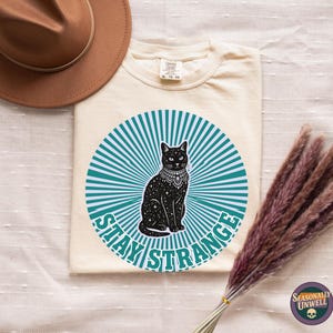 Może przedstawiać: Kremowa koszulka z ilustracją czarnego kota w turkusowo-białym okrągłym wzorze. Tekst "STAY STRANGE" jest wydrukowany wokół kota. Widoczny jest również brązowy kapelusz i suszone kwiaty.