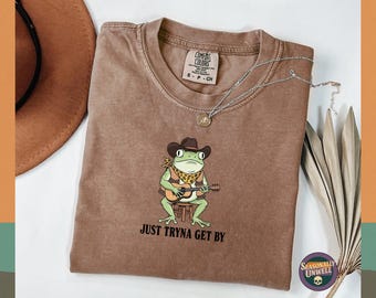 Camiseta Cowboy Frog Guitar | Camiseta Comfort Colors para músicos do oeste americano, camiseta unissex com estampa cottagecore, camiseta folk country divertida