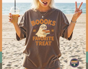 Books Are My Favorite Treat Ghost Shirt | Comfort Colors Halloween Graphic Tee, Librarian Reader Top Aesthetic Gift, Unisex Relaxed Fit