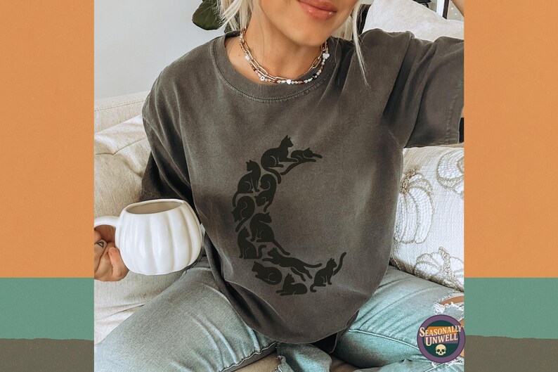 Crescent Moon Cat Shirt | Comfort Colors Familiar Silhouette Tee, Black Cats Moon Phase Graphic, Witchy Minimal Top, Unisex Relaxed Fit image 3