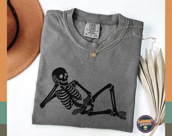 Lounging Skeleton Gothic Shirt | Comfort Colors Vintage Spooky Skeleton Tee, Dark Humor Halloween Graphic Top, Unisex Relaxed Fit