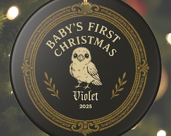 Baby's First Christmas Raven Ornament | Ceramic Tree Decor, Personalized Name Keepsake, Matte Finish, Nursery Gift, Customizable Gothmas