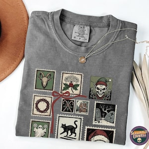 Gothic Christmas Shirt | Comfort Colors stamp collage spooky tee, dark holiday icon gift, alternative yule decor