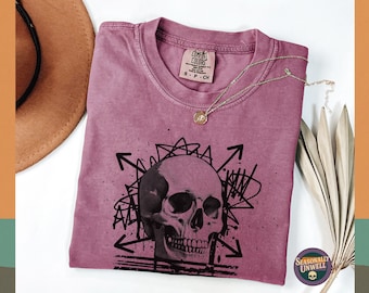 Camiseta con estampado de calavera / Algodón oscuro gótico de colores cómodos y relajado, Camiseta suave de estilo urbano punk para hombre, Camiseta unisex de corte cuadrado estilo grunge para Halloween