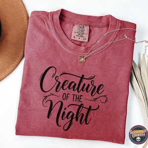 Gothic Script Creature of the Night Shirt | Comfort Colors strong nocturnal statement, moody night aesthetic, Halloween garment dyed tee