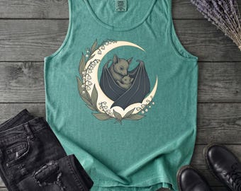 Mother Bat Cradling Baby Crescent Moon Tank Top | Comfort Colors Sleeveless Gothic Witch Halloween