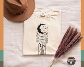 Celestial Moon Moth Shirt | Comfort colors mystical and stars tee, Bohemian witchy tshirt for women, Occult boho gothic halloween phase top