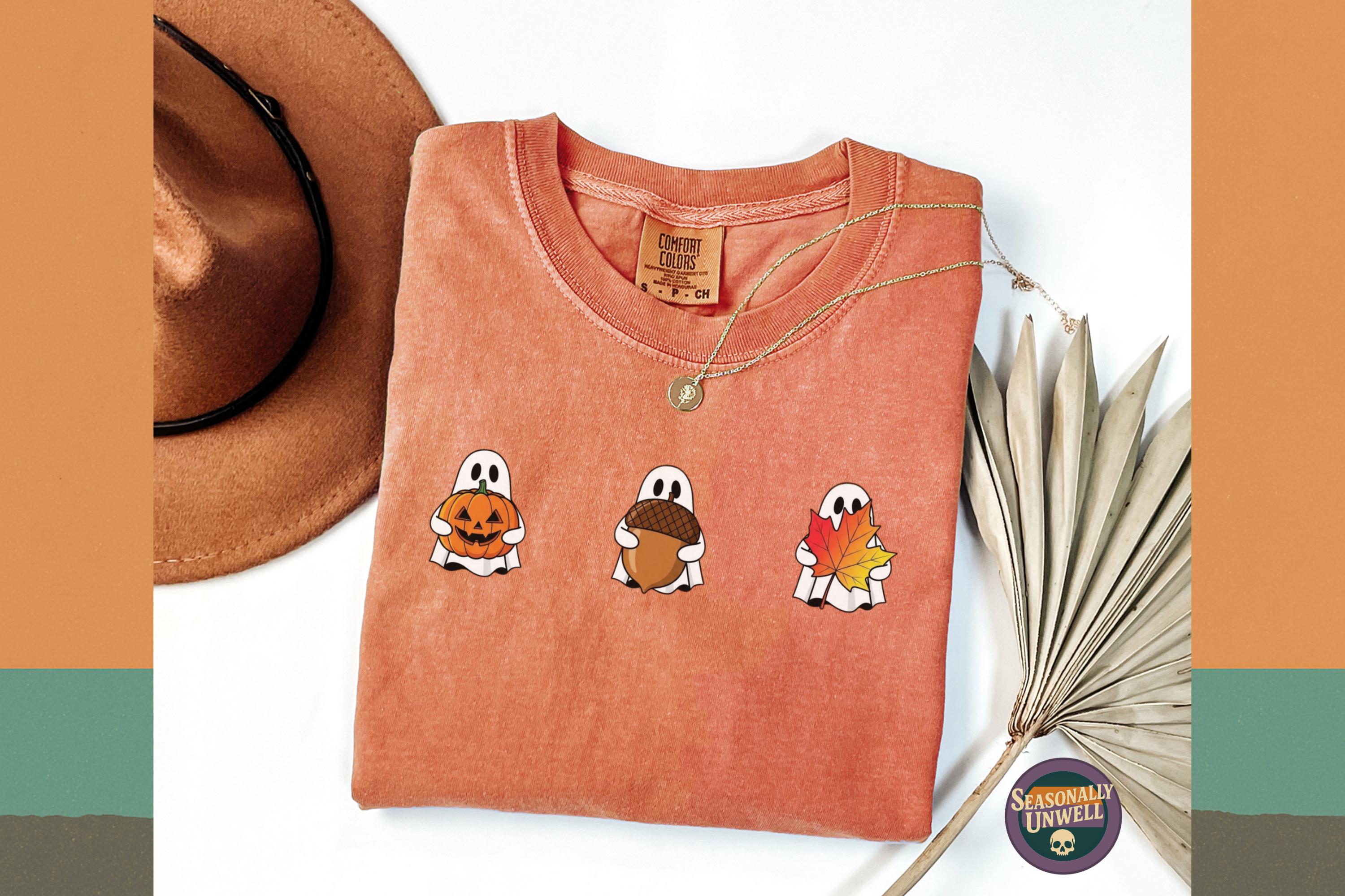 かわいいゴーストハロウィンシャツ | 快適な色合いのカボチャTシャツ 