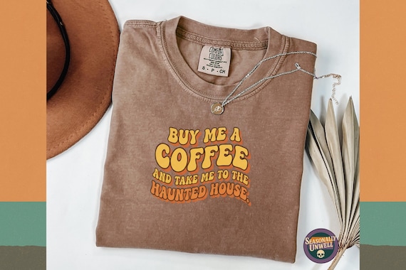 Retro Coffee Haunted House Shirt | Spooky Season Funny Tee | Autumn Vibes Halloween Apparel
