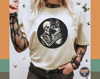 T-Shirt mit Skelett-Schäferhund-Motiv | Comfort Colors Halloween-T-Shirt für Tierliebhaber, Gothic-Hundemama-Top für den Herbst, Unisex-Passform