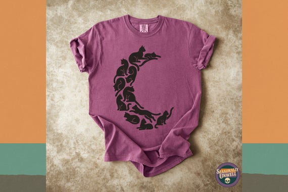 Crescent Moon Cat Shirt | Comfort Colors Familiar Silhouette Tee, Black Cats Moon Phase Graphic, Witchy Minimal Top, Unisex Relaxed Fit