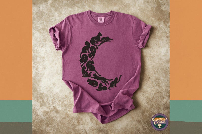 Crescent Moon Cat Shirt | Comfort Colors Familiar Silhouette Tee, Black Cats Moon Phase Graphic, Witchy Minimal Top, Unisex Relaxed Fit image 1