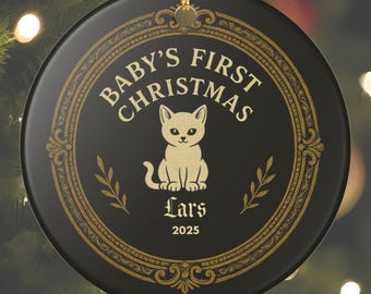 Baby's First Christmas Cat Ornament | Ceramic Tree Decor, Personalized Name Keepsake, Matte Finish, Nursery Gift, Year Customizable, Gothmas