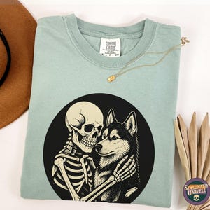 Skeleton Husky Hug Canine Shirt | Comfort Colors Halloween Dog Lover Graphic Tee Women, Goth Pet Parent Top For Fall, Unisex Relaxed Fit