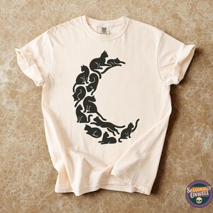 Crescent Moon Cat Shirt | Comfort Colors Familiar Silhouette Tee, Black Cats Moon Phase Graphic, Witchy Minimal Top, Unisex Relaxed Fit image 2