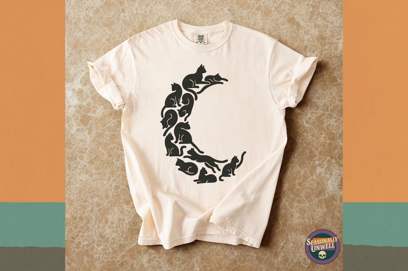 Crescent Moon Cat Shirt | Comfort Colors Familiar Silhouette Tee, Black Cats Moon Phase Graphic, Witchy Minimal Top, Unisex Relaxed Fit image 2