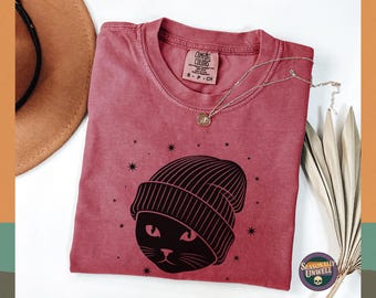 Black Cat Beanie Shirt | Comfort Colors Kitty in Knit Hat Tee