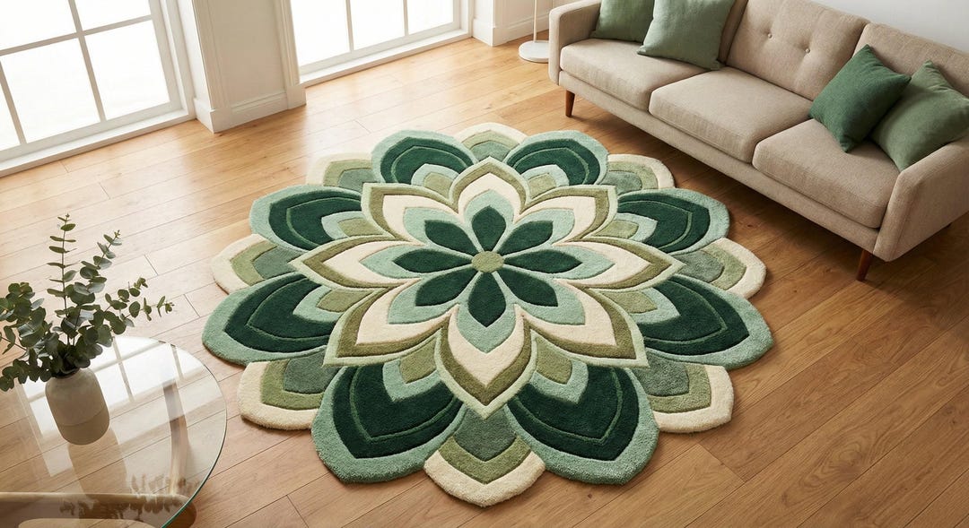 Modern Rug Lotus Rug Green Lotus Flower Shaped Rug | Handmade Tufted Floral Area Rug | 3D ...