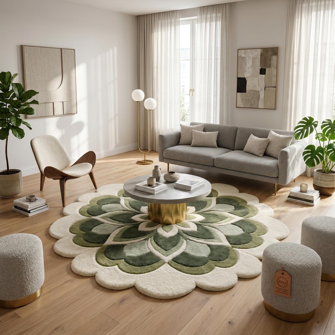 Hand Tufted Green Floral Round Rug – Modern Botanical Wool Area Rug ...
