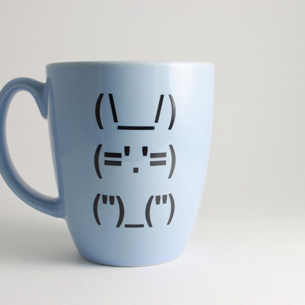 Ascii Easter Bunny Rabbit Coffee Cup - Pastel Blue Mug with Computer Punctuation Bunny