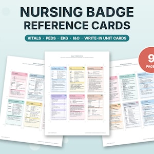 Puede incluir: Un conjunto de nueve tarjetas de referencia para credenciales de enfermería con datos médicos, signos vitales, ECG e información pediátrica. Las tarjetas están organizadas en secciones codificadas por colores con texto impreso.