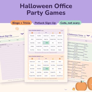 May include: A set of printable Halloween office party game sheets including a Potluck Sign-Up, two Halloween Bingo cards, and a Halloween Trivia sheet. The documents feature purple and orange accents, bat icons, and text labels.