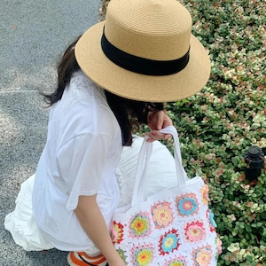 Handmade Crochet Granny Square Tote Bag: Colorful Boho Shoulder Bag