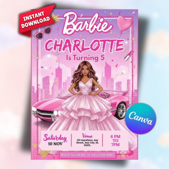 Editable Fashion Doll Birthday Invitation, Pink Glitter Party Invite, Barbie 5th Birthday Invitation Card, Instant Download Canva Template