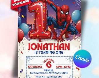 Spider Man Birthday Invitation Editable Spider Man Superhero Party Invite Boys, Spidey Canva Template, Printable Kids Card, Digital Download