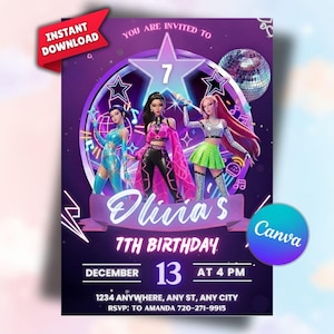 May include: A purple birthday invitation for a 7th birthday. The design features three animated figures, a disco ball, and a star. Text includes "Olivia's 7th Birthday", the date, time, and RSVP information. The words "Instant Download" are also present.