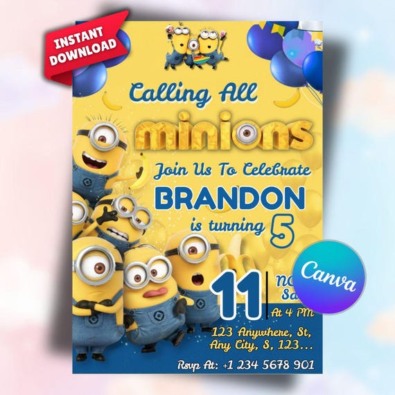 Editable Minions Birthday Invitation Card, Minion Birthday Invite Template, Printable Canva Birthday Party Card, Digital Birthday Invitation