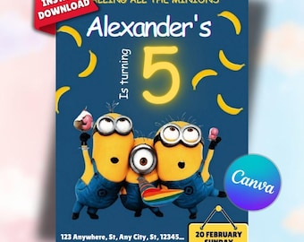 Editable Minions Birthday Invitation, Editable Minion Birthday Invitation, Printable Birthday Invite, Digital Kids Party Invite