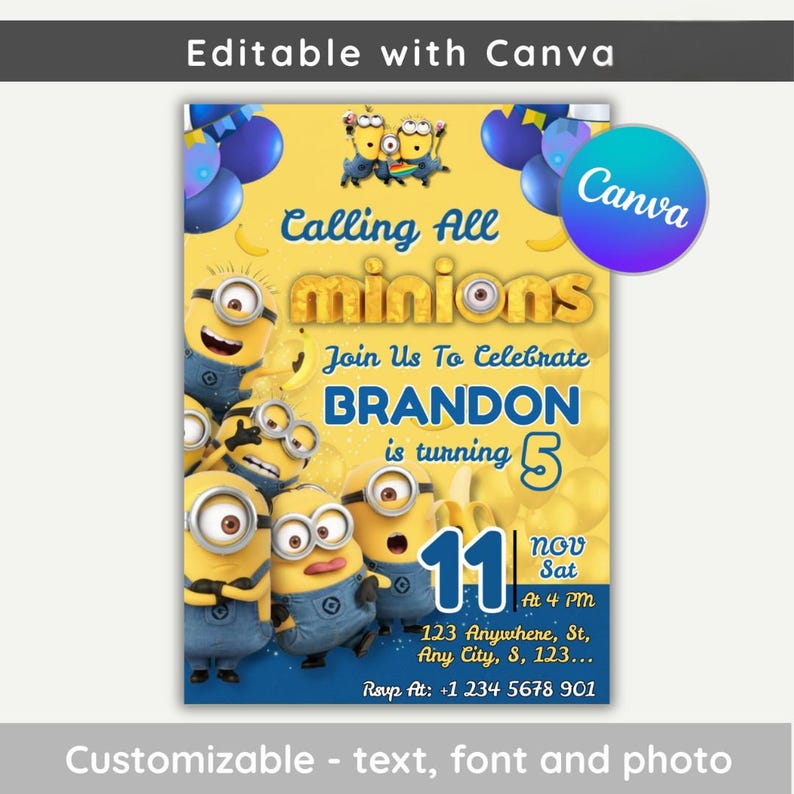 Editable Minions Birthday Invitation, Printable Party Card (Digital Download, Canva Template) image 4